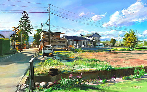 Art painting, Japan, landscape, village, white kei van, Art, Painting, Japan, Landscape, Village, HD wallpaper HD wallpaper