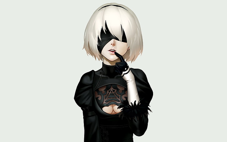 karakter anime wanita dengan ilustrasi gaun hitam, sarung tangan, rambut putih, Nier: Automata, NieR, 2B (Nier: Automata), Wallpaper HD