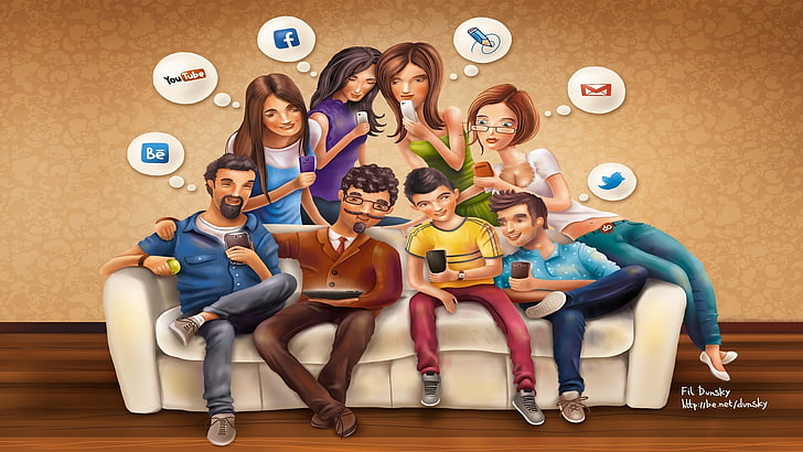 группа людей, сидящих на диване векторной графики, Facebook, YouTube, электронная почта, Twitter, социальные сети, HD обои