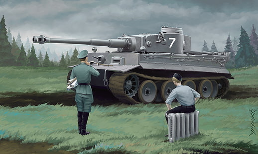 Ilustración de tanque de batalla gris, figura, tigre, soldados, tanque, arte, radiador, oficial, petrolero, alemán, la segunda guerra mundial, pesado, Panzerkampfwagen Vl, Fondo de pantalla HD HD wallpaper