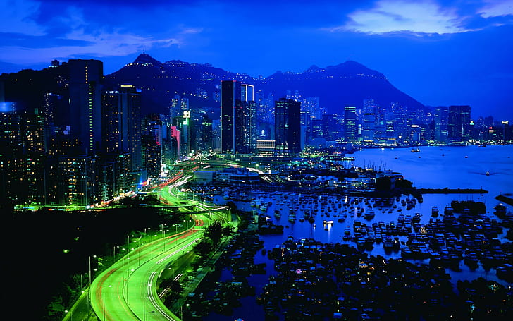Hong Kong, lights, cityscape, night, city, arhitecture, pier, yacht, hong kong, lights, cityscape, night, yacht, arhitecture, pier, HD wallpaper