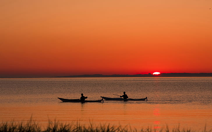 Sunrise, boats, denmark, kayaks, orange, people, photography, seascape, silhouette, sky, sports, sunrise, sunset, water, HD wallpaper