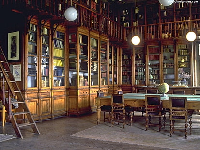 غرفة مكتبة خشبية بنية اللون ، مكتبة، خلفية HD HD wallpaper