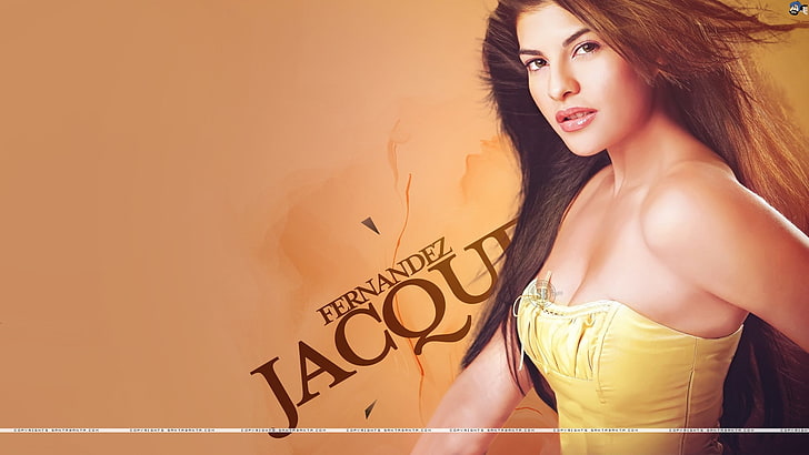 Jacqueline Fernandez, aktris, berambut cokelat, gaun kuning, tanpa lengan, bahu telanjang, Wallpaper HD