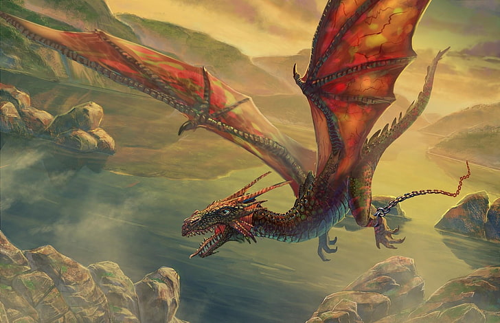 иллюстрация летающего дракона, дракон, полет, цепь, камень, HD обои