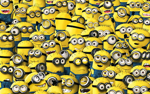 Minions wallpaper, animation, yellow, smile, cartoon, suit, Cyclops, Minions, Despicable Me, uniform, staff, Minion, teeth, Universal Pictures, goggles, Illumination Entertainment, employees, Despicablem Me 2, HD wallpaper HD wallpaper