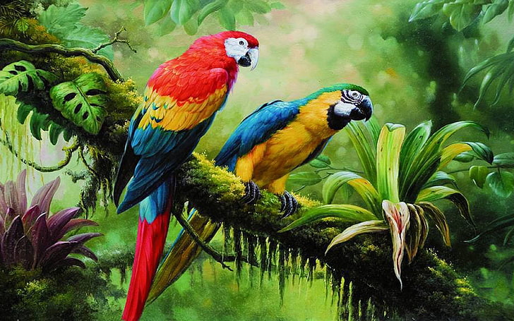 Ара папагал диви птици от джунглата тропическа гора блато зелена плътна растителност изкуство фотография папагал на клон HD тапет за компютър таблет и мобилен 3840 × 2400, HD тапет