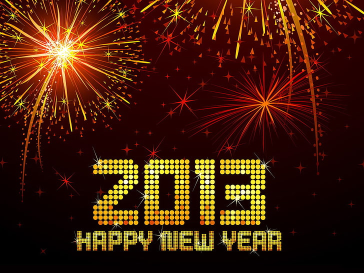 Tapeta na pulpit Chiński Nowy Rok 2013 05, żółte i czerwone fajerwerki z nakładką tekstową Szczęśliwego Nowego Roku 2013, Tapety HD
