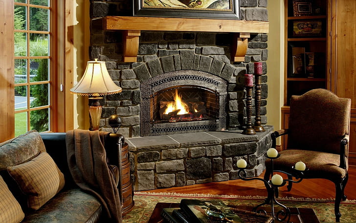 Fireplace, Chair, Comfort, Evening, Cozy atmosphere, HD wallpaper