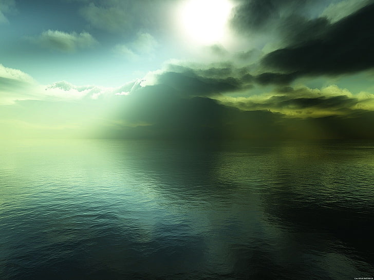 вода, море, зелено, мир, релаксиращо, облаци, слънчева светлина, отражение, тъмно, HD тапет