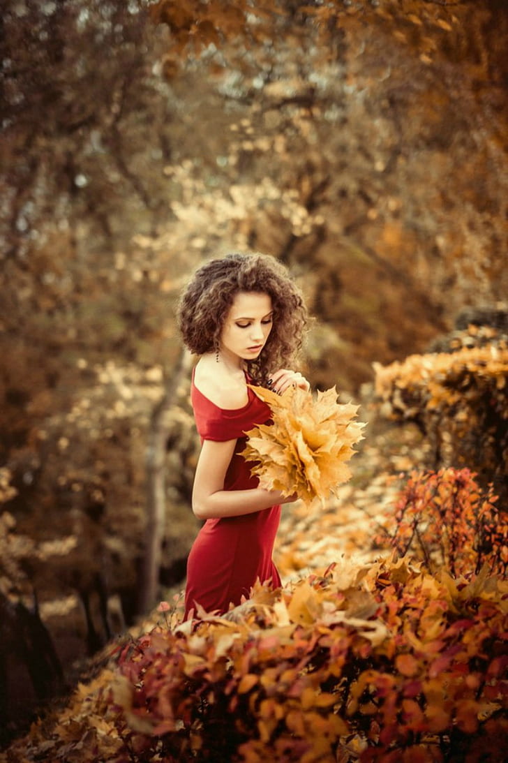 red dress, women outdoors, Ksenia Malinina, long hair, model, brunette, dress, fall, women, Sergey Piltnik, HD wallpaper