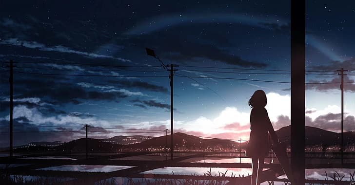 moescape, anime, anime girls, sunset, dark, sky, landscape, Wallpaper HD