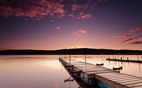 Lack dock at pink sunset, brown wooden sea dock, dock, pontoon, sunset, pink, romantic, landscape, HD wallpaper HD wallpaper