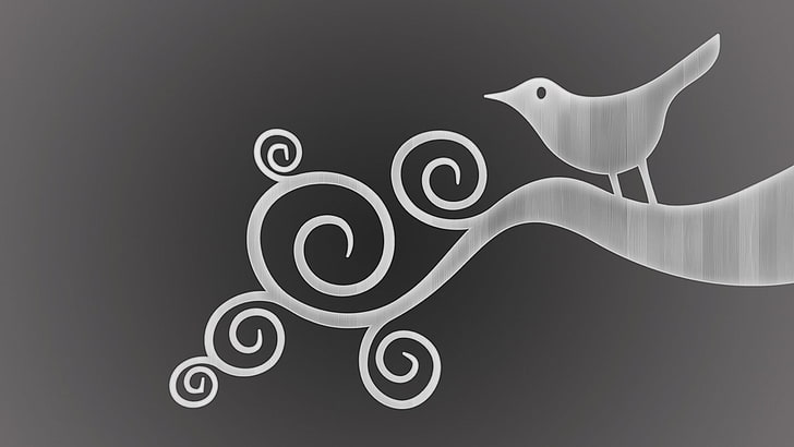 ptak siedzący na gałęzi ilustracja, ptaki, srebro, metal, zwierzęta, szary, minimalizm, dzieło sztuki, Tapety HD