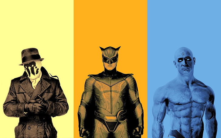 papel de parede digital de três super heróis, Watchmen, filmes, Rorschach, Dr. Manhattan, super-herói, Nite Owl, colagem, HD papel de parede
