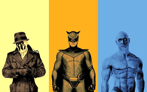 วอลล์เปเปอร์ดิจิทัลซูเปอร์ฮีโร่สามตัว Watchmen ภาพยนตร์ Rorschach ดร. แมนฮัตตันซูเปอร์ฮีโร่ Nite Owl จับแพะชนแกะ, วอลล์เปเปอร์ HD HD wallpaper
