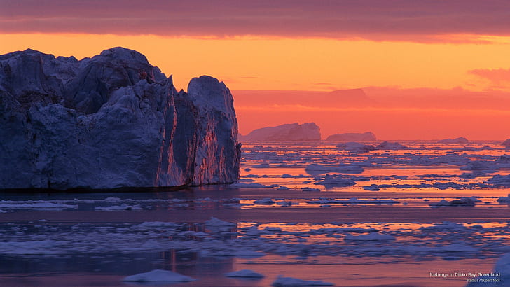 Icebergs in Disko Bay, Greenland, Nature, HD wallpaper