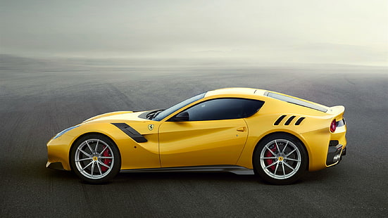 Vista laterale della supercar gialla Ferrari F12, Ferrari, F12, gialla, Supercar, laterale, vista, Sfondo HD HD wallpaper