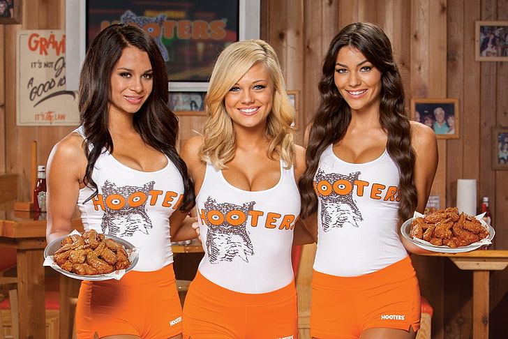 women's white-and-brown rompers, Inc, hooters, Traditional uniform, Fried chicken wings, Advertising photo, Hooters of America, HD wallpaper