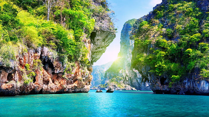 podróż, tworzenie, turystyka, Klif, atrakcja turystyczna, egzotyczny, wodospad, wakacje, woda, Tajlandia, lato, natura, góry, niebieski, drzewa, ocean, plaża, krabi, Tapety HD