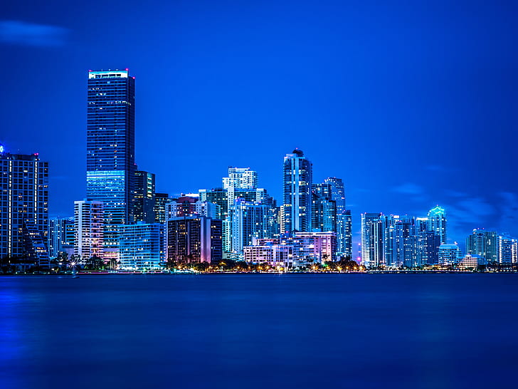 Miami, Florida, night, lights, city, buildings, blue, Miami, Florida, Night, Lights, City, Buildings, Blue, HD wallpaper