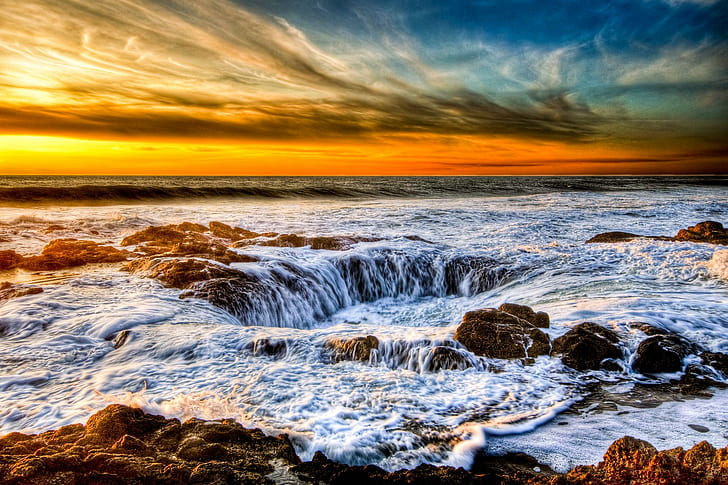 Thor's Well, chasm, cooks, thors, beautiful, sunset, rocks, water, well, ocean, pretty, oregon, clouds, HD wallpaper