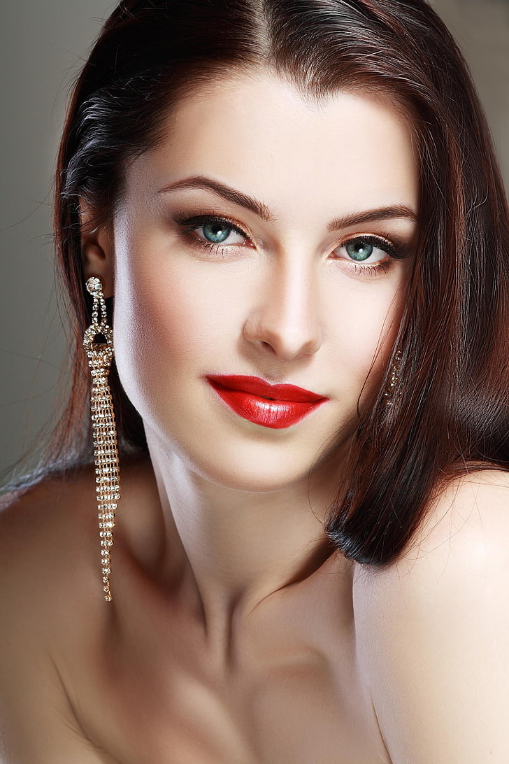 red lipstick, model, women, looking at viewer, smiling, brunette, bare shoulders, blue eyes, portrait, HD wallpaper
