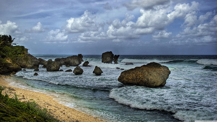 mar, costa, cielo, cuerpo de agua, orilla, océano, nube, Barbados, agua, promontorio, ola, horizonte, rock, playa, Fondo de pantalla HD