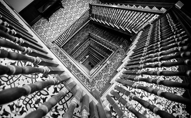 By Your Side, zdjęcie w skali szarości spiralnych schodów, czarno-białe, architektura, Tennessee, schody, stany zjednoczone, monochromatyczne, hotel, Stany Zjednoczone Ameryki, Nashville, Union Station, Union Station hotel, Tapety HD