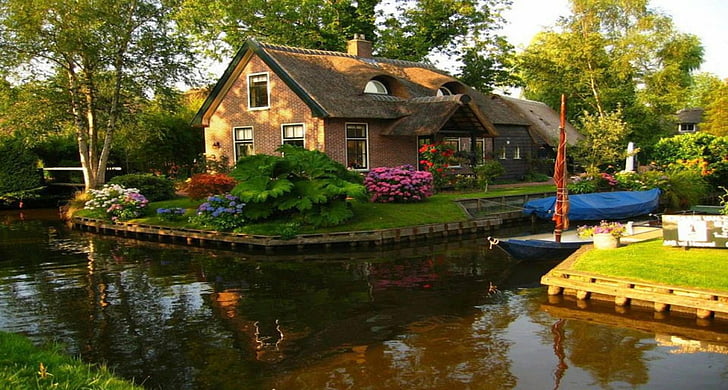 Buildings, House, Boat, Bush, Canal, Flower, Man Made, Spring, Thatched Roof, HD wallpaper