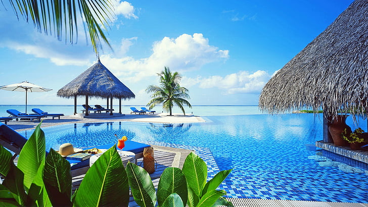 туризъм, Малдиви, Landaa Giraavaru, недвижим имот, море, имот, лагуна, Arecales, палмово дърво, курорт, небе, ваканция, Карибите, отдих, тропици, курортен град, плувен басейн, HD тапет