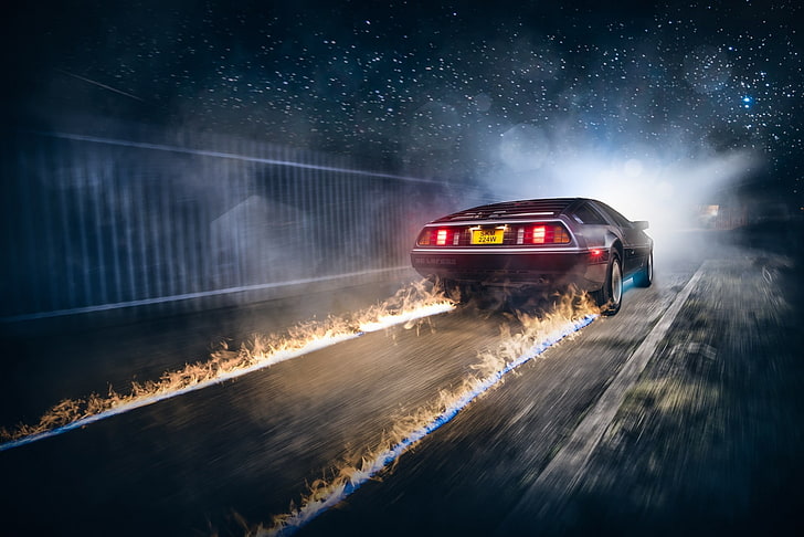 grau DMC DeLorean, DeLorean, Zurück in die Zukunft, Feuer, Rennwagen, Straße, Zeitreise, DMC DeLorean, HD-Hintergrundbild