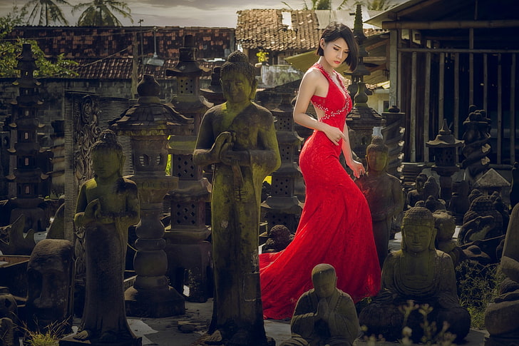 mujer, modelo, asiática, vestido rojo, Buda, Fondo de pantalla HD