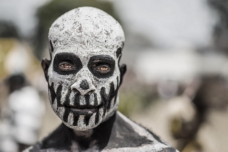 white and black skull face paint, African, body paint, men, HD wallpaper