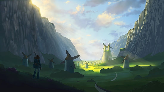 풍경, 산, 바람의 계곡의 Nausicaa, 공간, 태양 광선, 풍차, HD 배경 화면 HD wallpaper