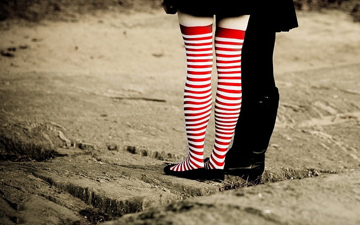 women, striped socks, legs, knee-highs, two women, HD wallpaper