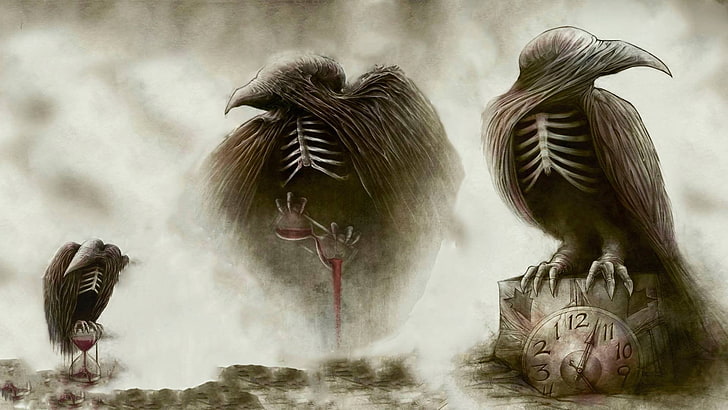 three skeleton crow illustrations, Deliver Us, In Flames, Sounds of a Playground Fading, crow, anthropomorphism, hourglasses, clocks, cover art, alternative metal, heavy metal, metal music, rock music, rock bands, metal band, Jesterhead, HD wallpaper