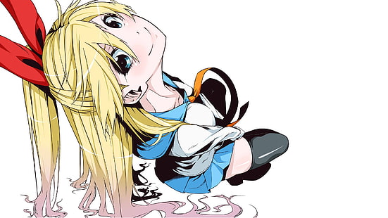 personnage d'anime aux cheveux jaunes, anime, filles d'anime, blonde, cheveux longs, Nisekoi, Kirisaki Chitoge, yeux bleus, uniforme scolaire, ornement pour les cheveux, ruban, jupe, souriant, bas, cravate, Fond d'écran HD HD wallpaper