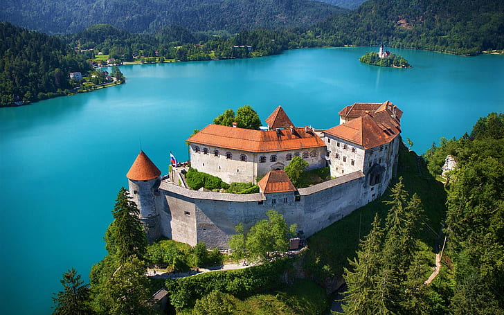 lac, lac de Bled, Slovénie, nature, église, château, ancien, eau, forêt, arbres, paysage, île, collines, Fond d'écran HD