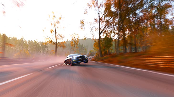 Autumn Falls, Autumn Boar, spark, speed-limit, car, high view, LED headlight, sinking, red trees, highway, Fly, HD wallpaper