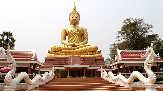 buda, budismo, religión, fe, dorado, gautama buda, tailandia, asia, ubon ratchathani, gran imagen de buda, estatua, Fondo de pantalla HD HD wallpaper