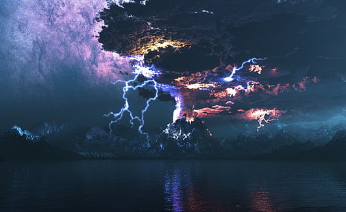 Volkan Erüpsiyonu Yıldırım, gök gürültüsü vektör, Sanatsal, 3D, doğa, volkan, patlama, yıldırım, HD masaüstü duvar kağıdı HD wallpaper