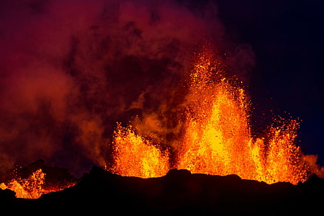 Вулканы, Баурдарбунг, Извержение, Исландия, Лава, Природа, ночь, дым, вулкан, HD обои HD wallpaper