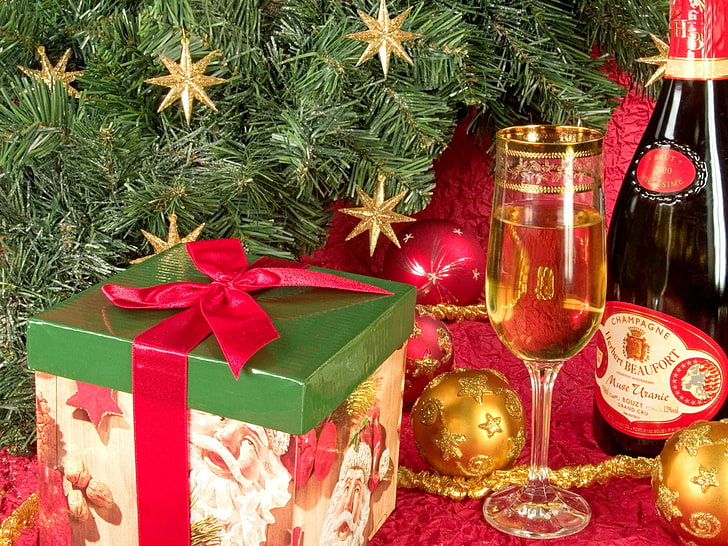 pink and green gift box, christmas, new year, gift, champagne, box, HD wallpaper