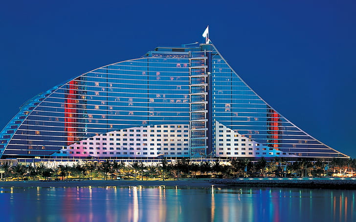 Jumeirah beach hotel Dubai , silver red and blue concrete building, beach, hotel, dubai, jumeirah, travel and world, HD wallpaper