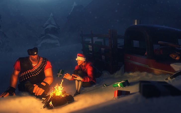 Campfire, Camping, digital art, fire, Happy New Year, heavy, Presents, Scout (character), Sniper (TF2), snow, Team Fortress 2, Truck, video games, HD wallpaper