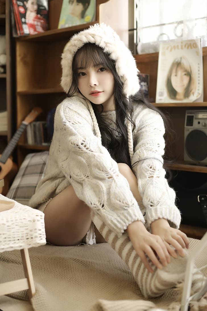 women, white sweater, white hat, Asian, HD wallpaper