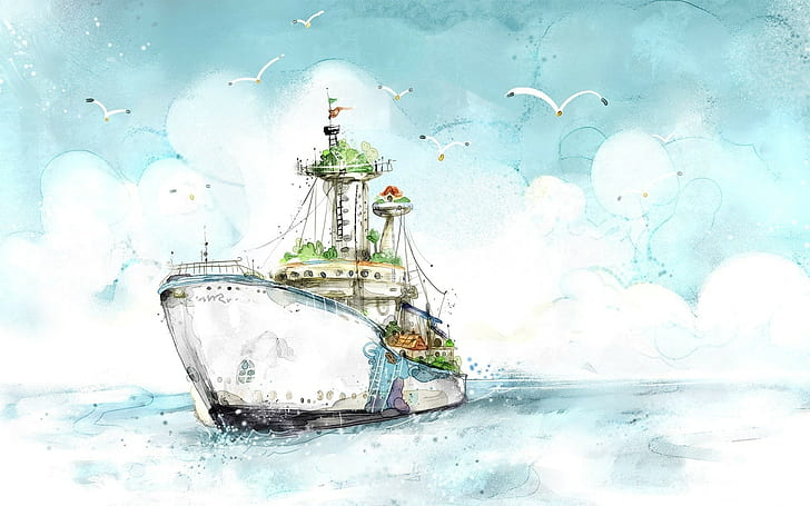 絵画 水彩画 アートワーク 暖かい色 ファンタジーアート 船 鳥 海 雲 Hdデスクトップの壁紙 Wallpaperbetter
