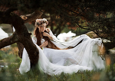 Kyle Cong, fantezi kız, 500 piksel, doğa, kadınlar, beyaz elbise, uzun saç, model, HD masaüstü duvar kağıdı HD wallpaper