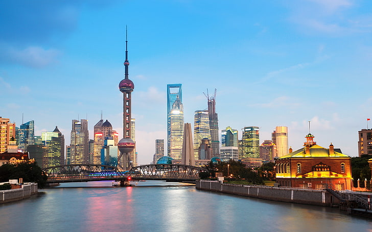 Ориенталска перлена кула, град, Шанхай, градски пейзаж, река, Азия, мост, HD тапет